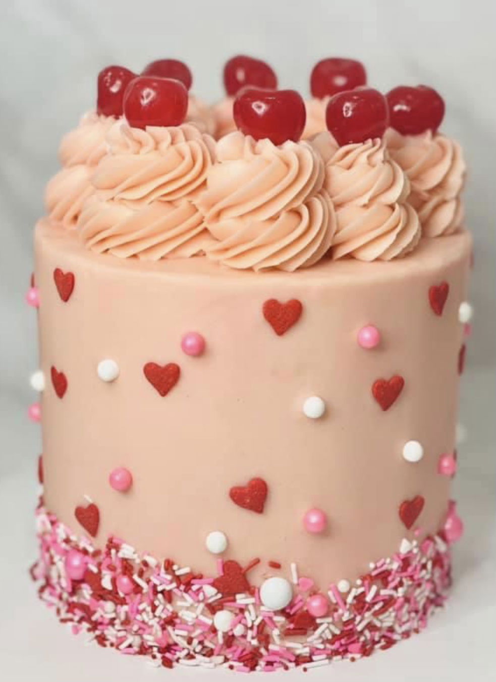 3 Layer Vanilla Valentines Cake With Buttercream Frosting And Maraschino Cherries