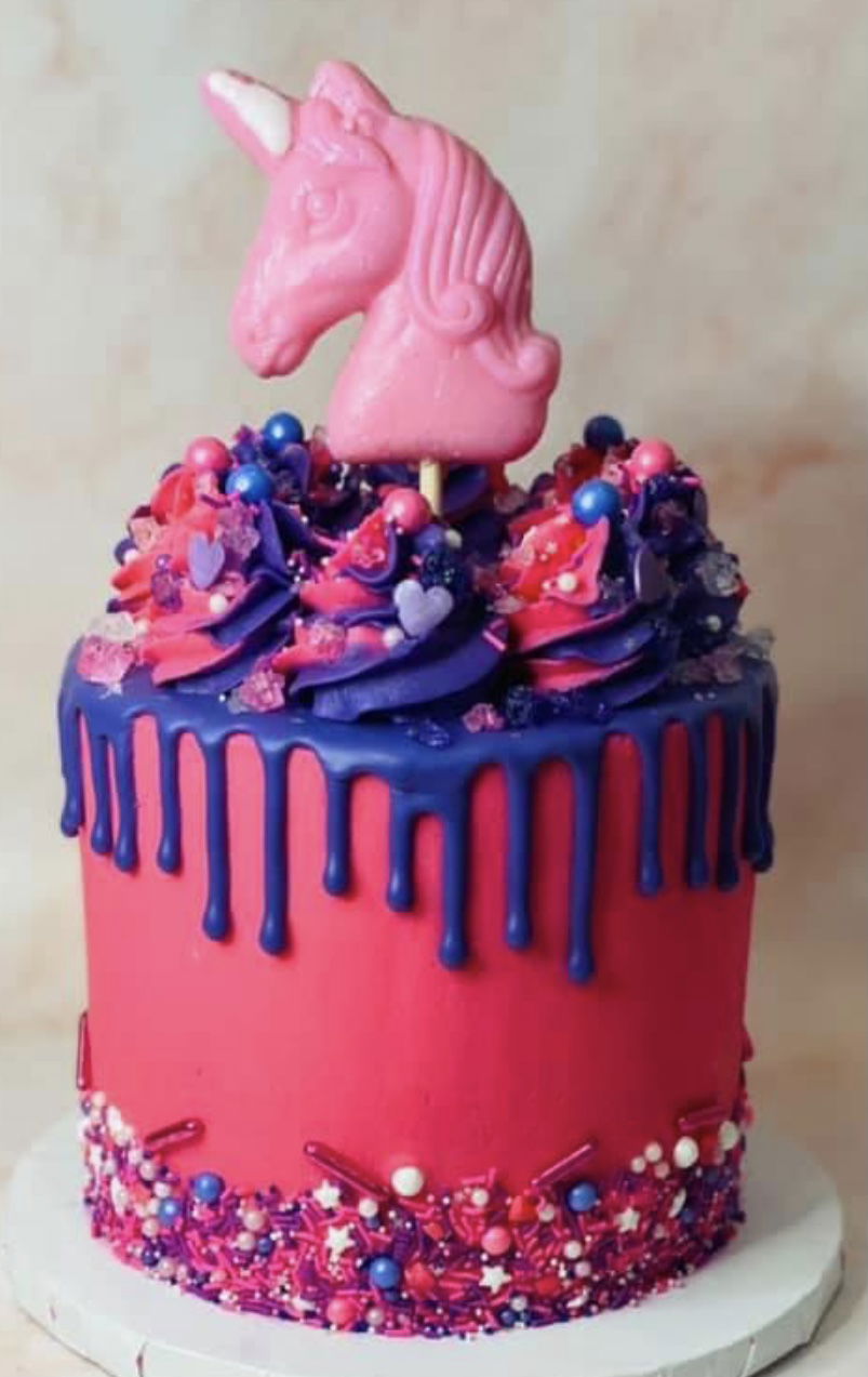 4 Layer Strawberry and Vanilla Unicorn Cake With Buttercream Frosting and Purple Ganache