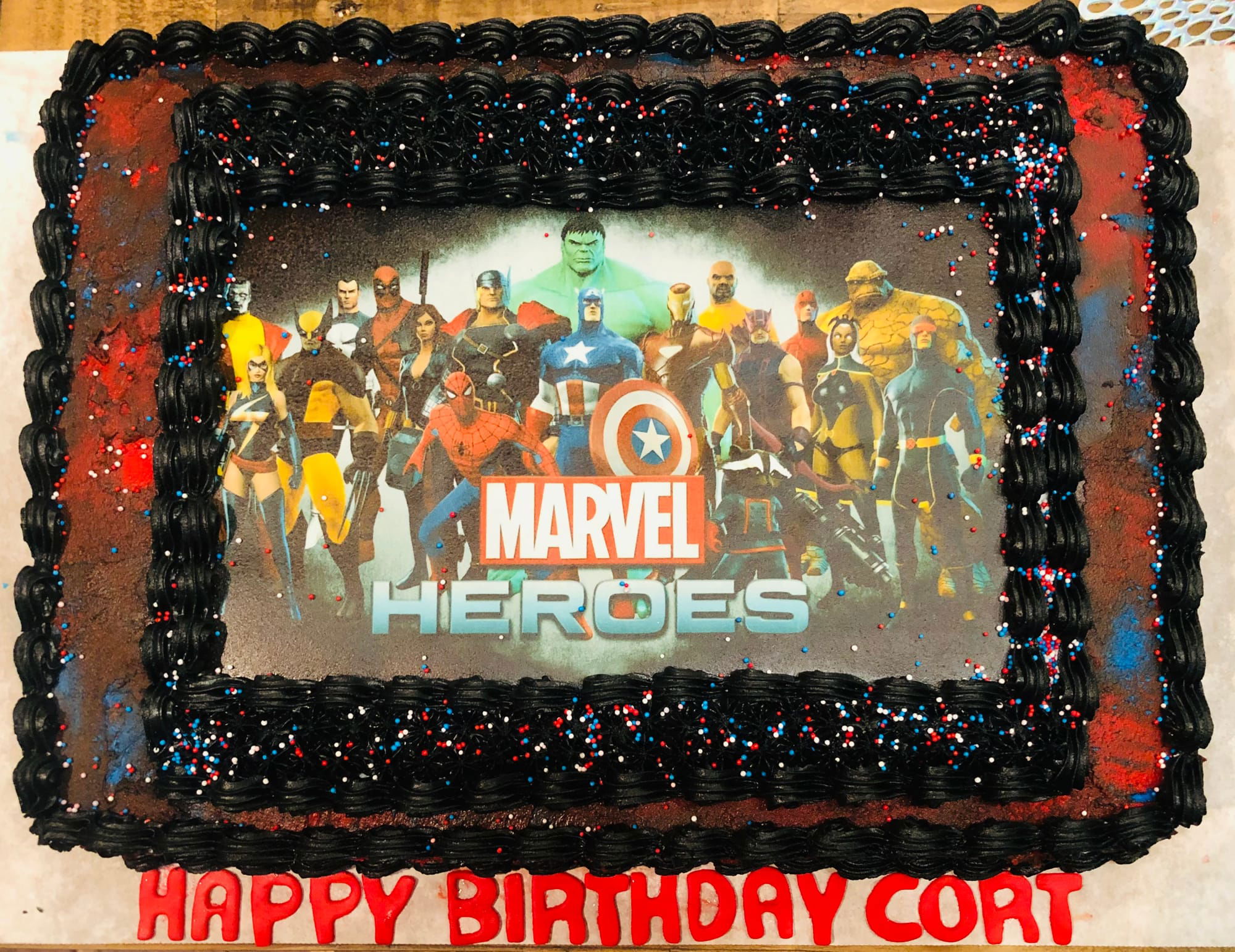 2 Layer Red Velvet and Marble Marvel Superheroes Sheet Cake With Buttercream Frosting