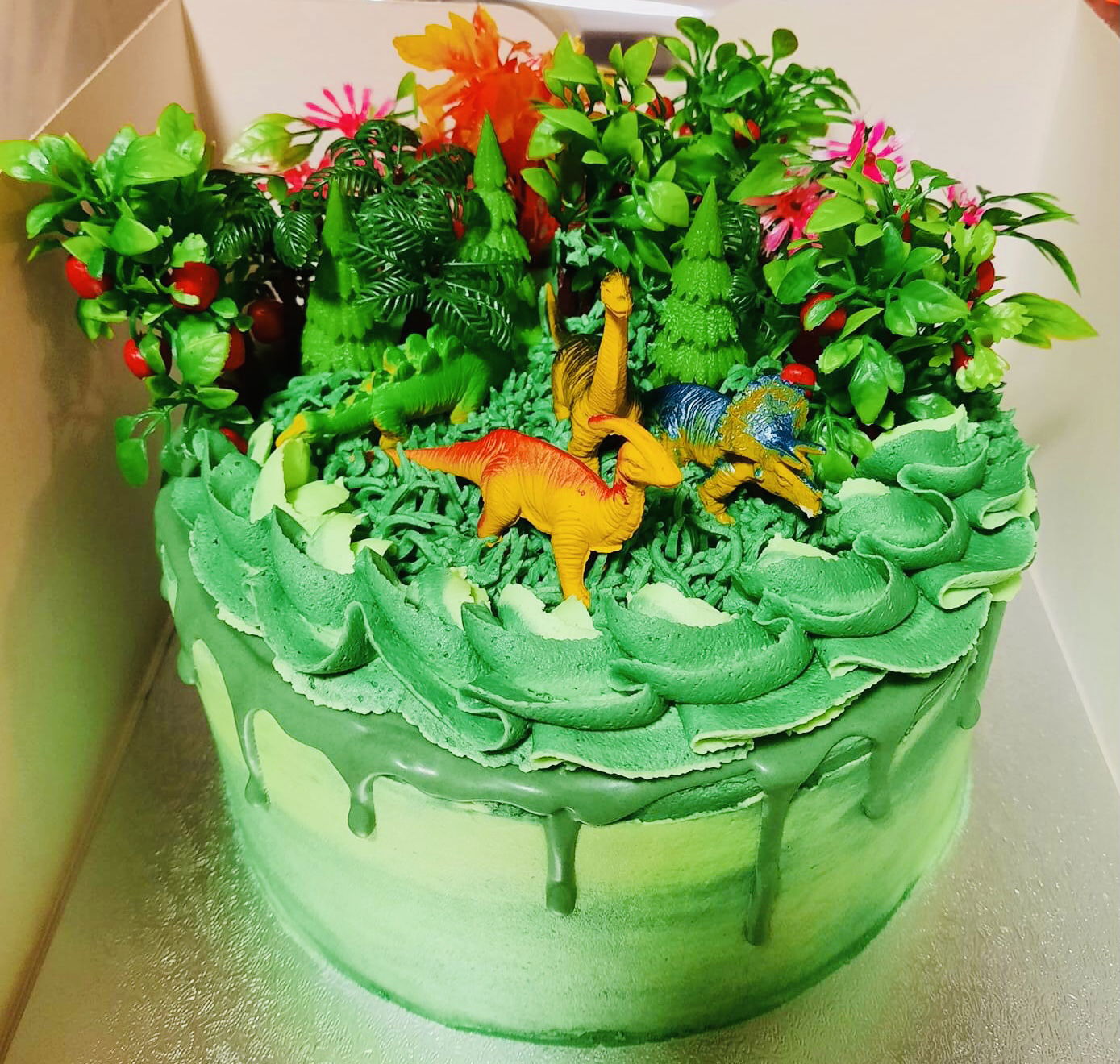 2 Layer Chocolate and Vanilla Dinosaur Birthday Cake With Buttercream Frosting