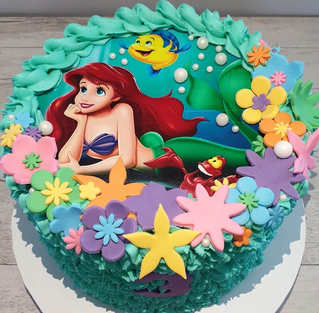 2 Layer Strawberry and Vanilla Little Mermaid Birthday Cake With Buttercream Frosting, Fondant, and Edible Image