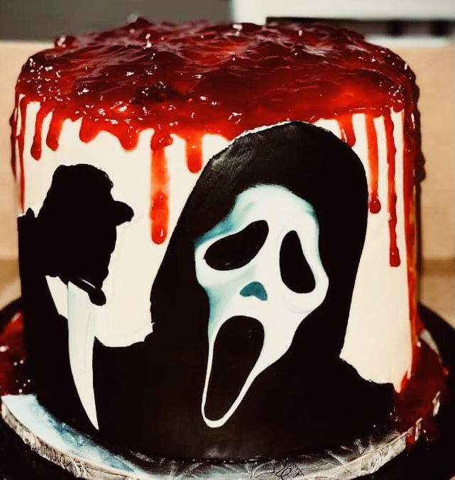 3 Layer Red Velvet Scream Movie Cake With Buttercream Frosting and Edible Image