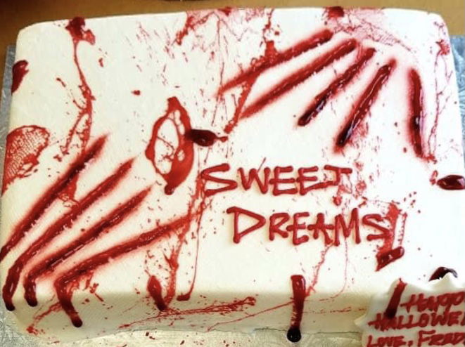 Blood Splatter Freddy Kruger Red Velvet Sheet Cake With Buttercream Frosting