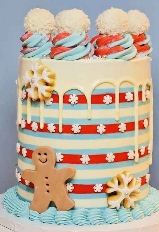 4 Layer Vanilla and Strawberry Christmas Cake with Buttercream Frosting