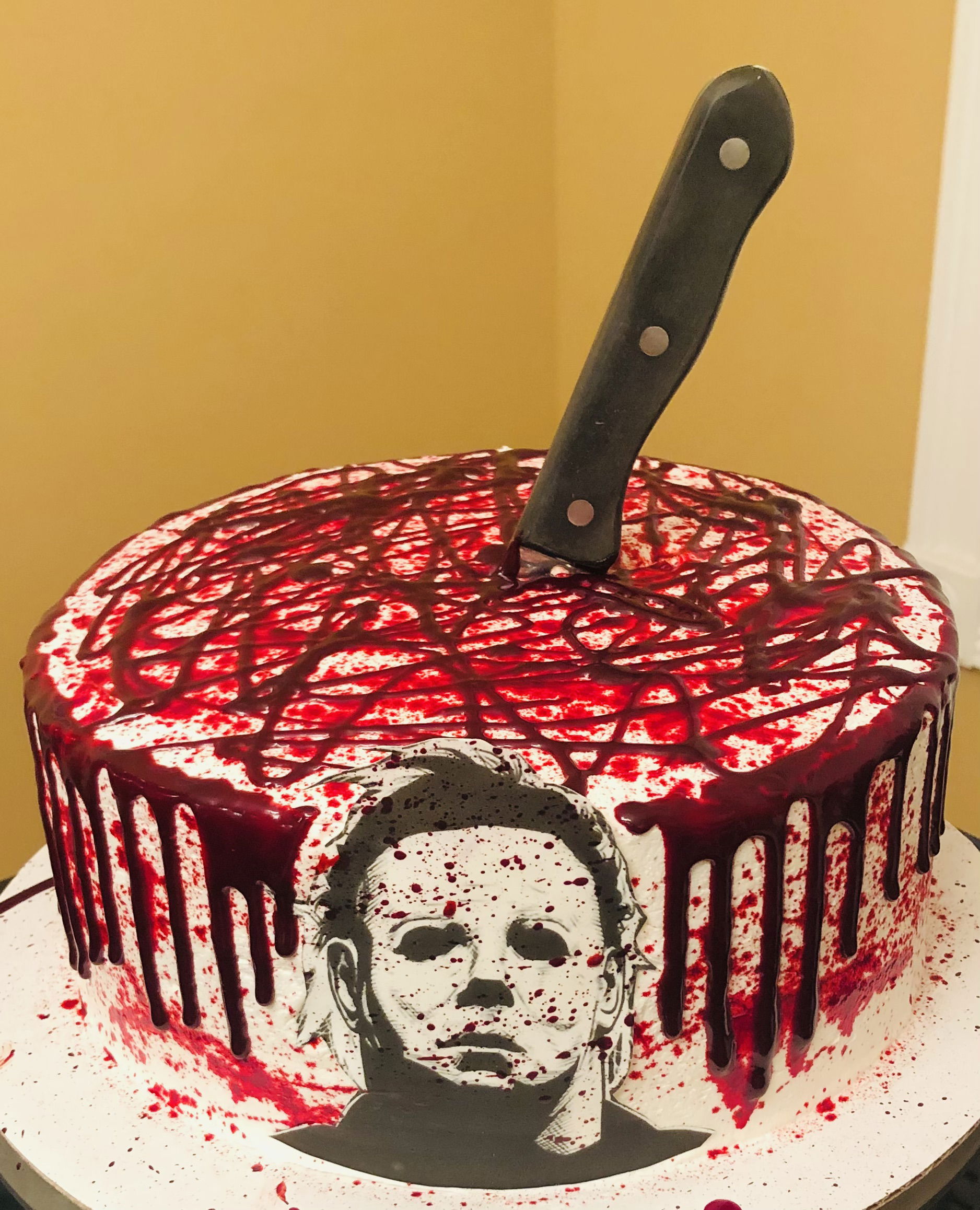 2 Layer Chocolate Halloween Michael Meyers Cake With Buttercream Frosting and Edible Image