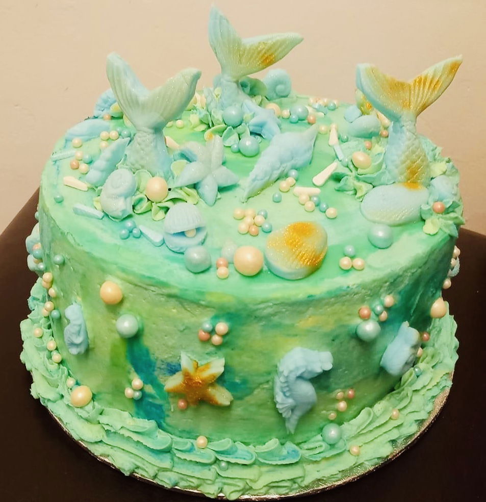 2 Layer Birthday Cake Flavor Mermaid Cake with Buttercream Frosting and Chocolate Accents