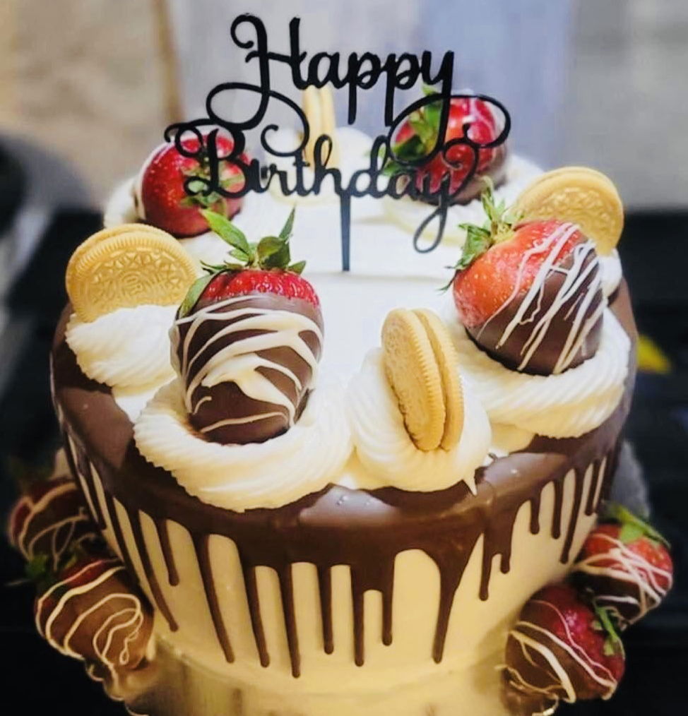 2 Layer Chocolate Birthday Cake With Buttercream Frosting, Fresh Dipped Strawberries, and Oreos