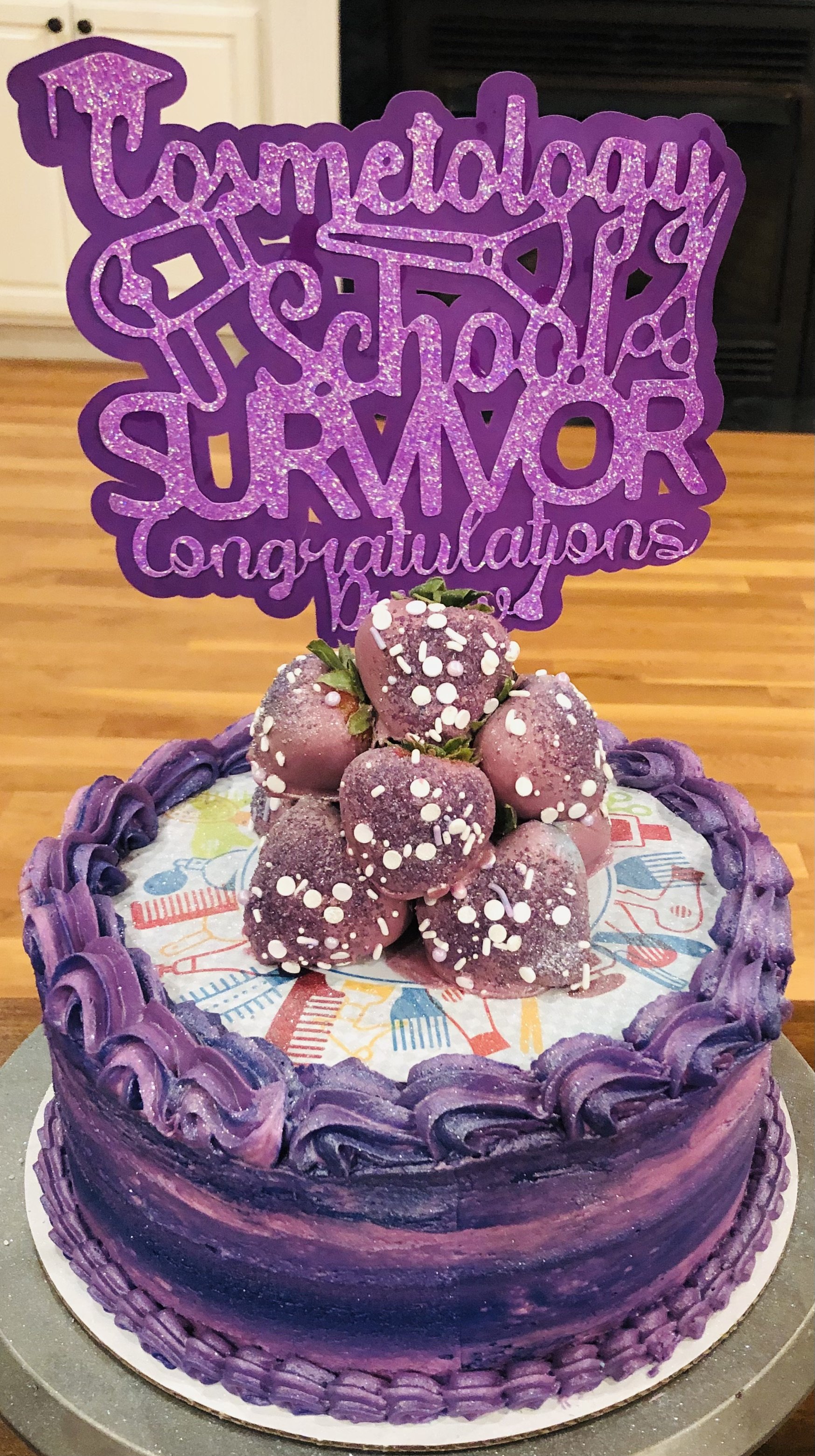 2 Layer Chocolate Cosmetology Graduation Cake with Buttercream Frosting, Edible Image, and Chocolate Dipped Strawberries