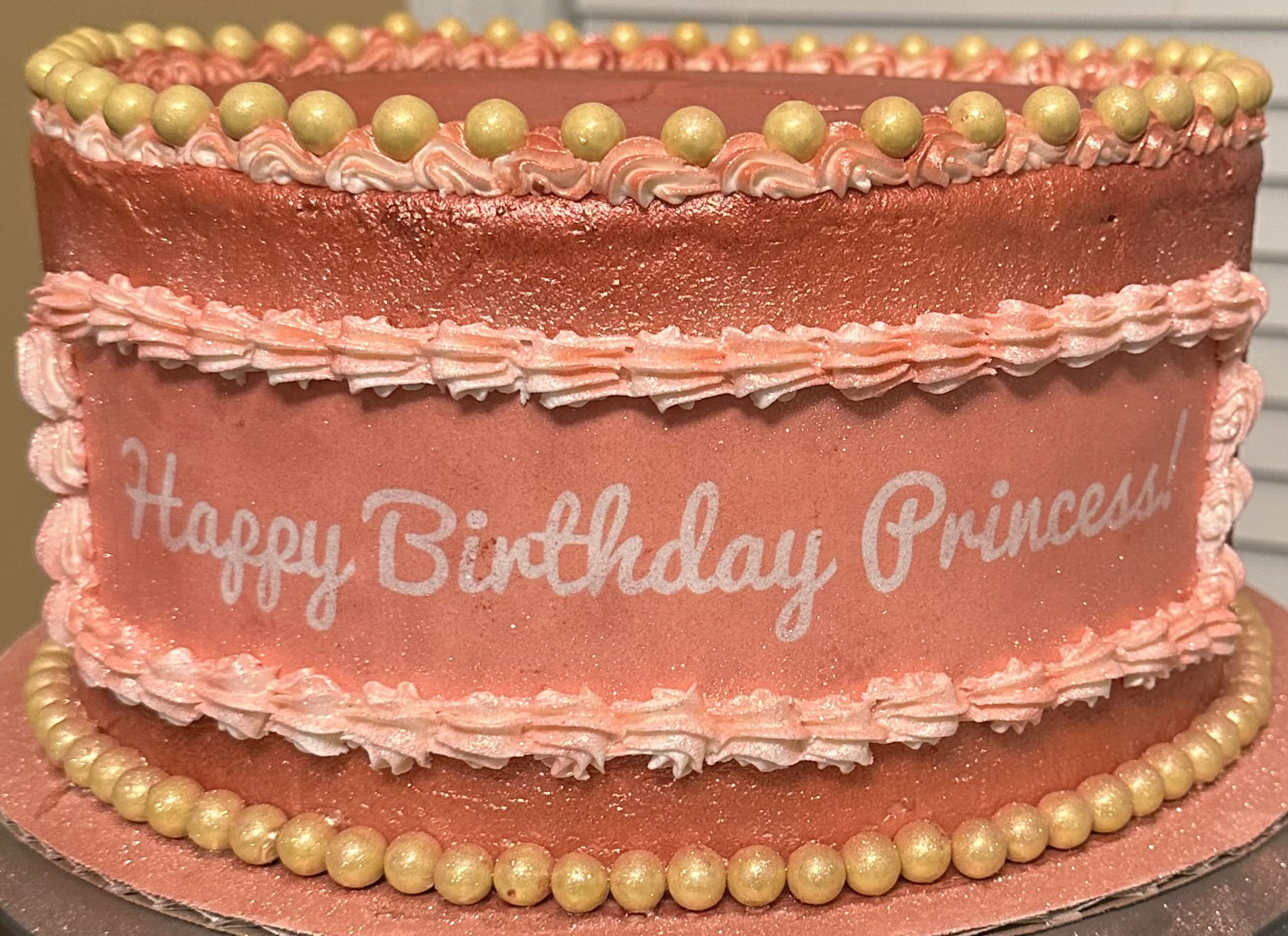 3 Layer Chocolate Rose Gold Cake with Buttercream Frosting and Edible