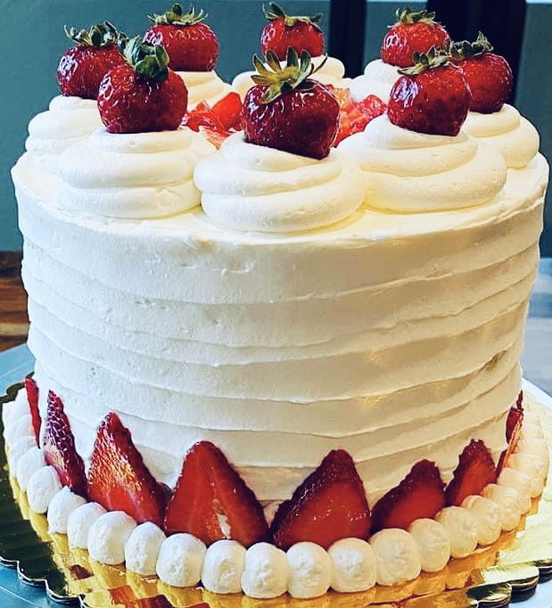 3 Layer Strawberry Shortcake with Buttercream Frosting, and Fresh Strawberries