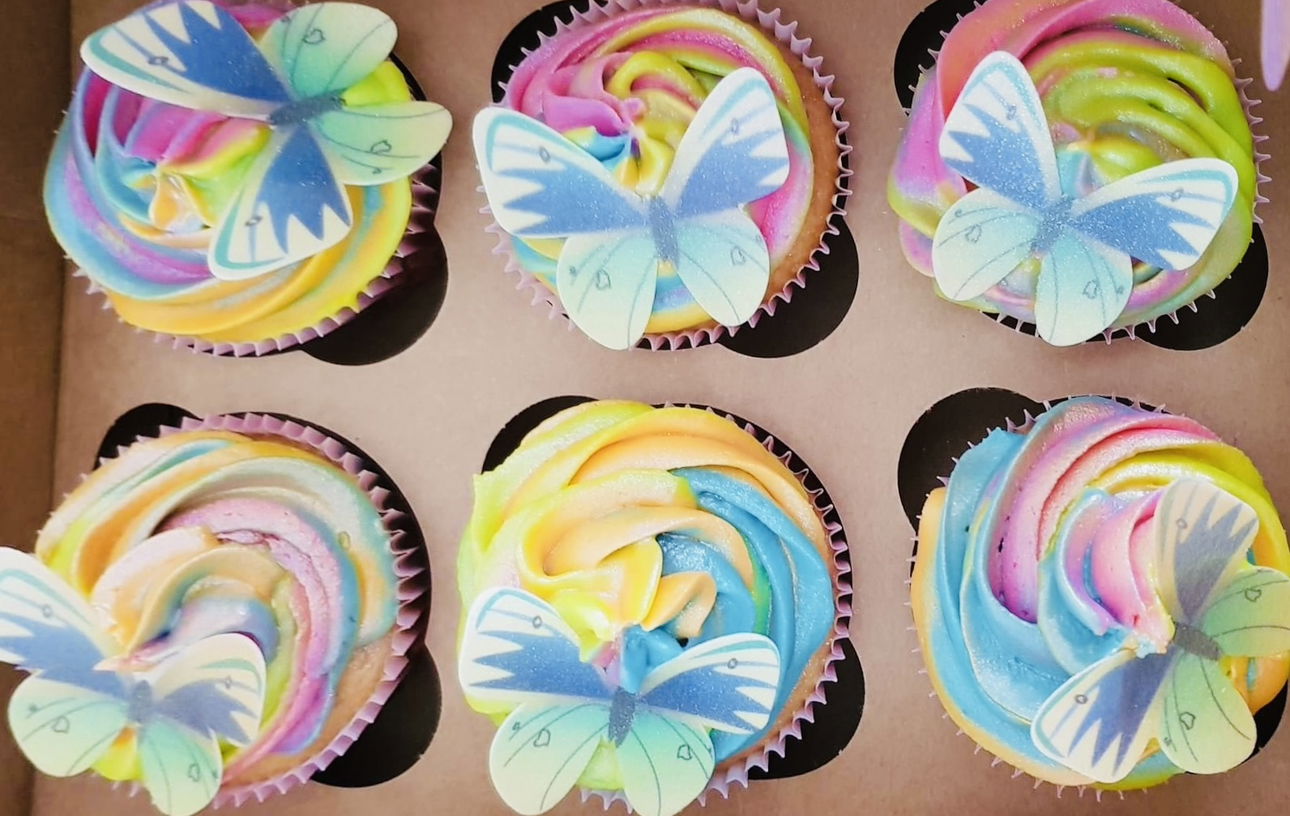 Vanilla Butterfly Cupcakes with Rainbow Swirl Buttercream Frosting