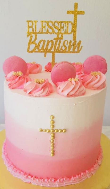 4 Layer Vanilla Baptism Cake with Buttercream Frosting and Macarons