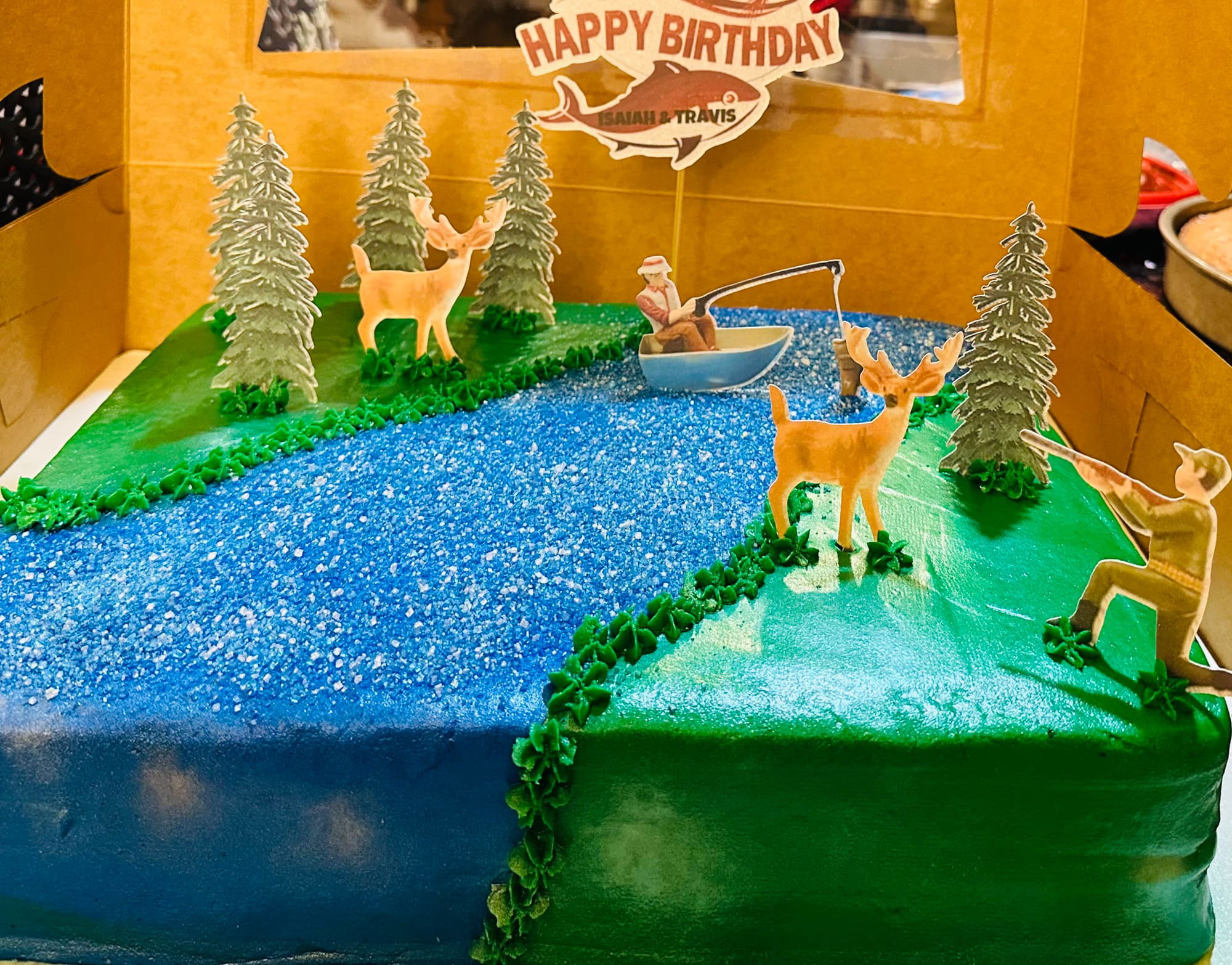 2 Layer Chocolate and Red Velvet Field & Stream Hunting & Fishing Cake with Buttercream Frosting