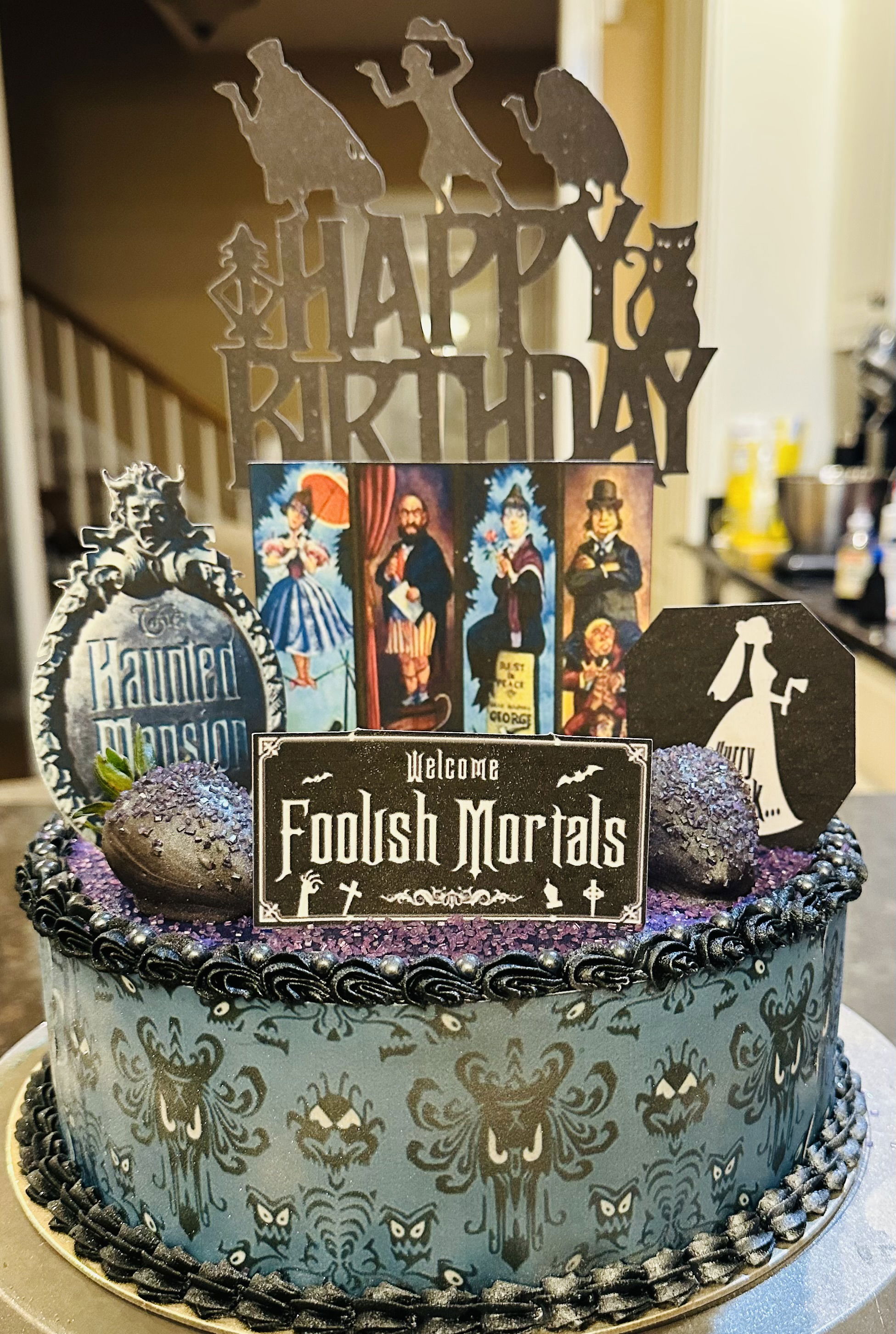 2 Layer Funfetti Disney Haunted Mansion Birthday Cake with Buttercream Frosting, Edible Images, and Chocolate Dipped Strawberries
