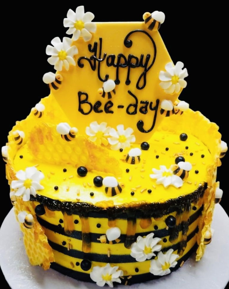 2 Layer Chocolate Happy Bee-Day Birthday Cake with Buttercream Frosting, Edible Images, Chocolate, and Royal Icing Appliqué