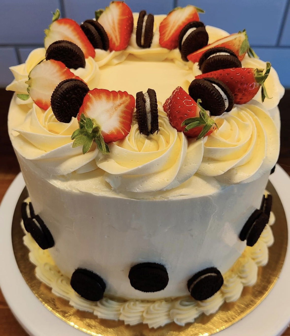3 Layer Chocolate Cake with Buttercream Frosting, Fresh Strawberries, and Oreo Cookies