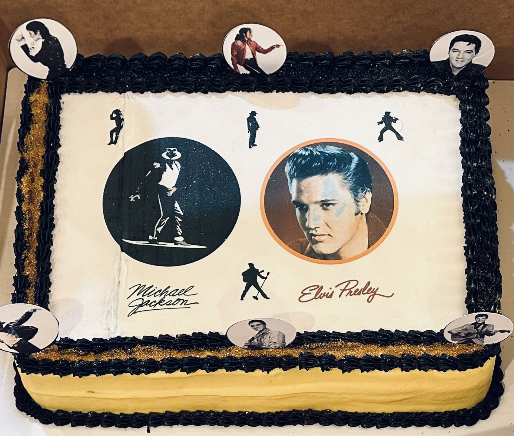Elvis Presley & Michael Jackson Banana and Chocolate Sheet Cake with Buttercream Frosting and Edible Image