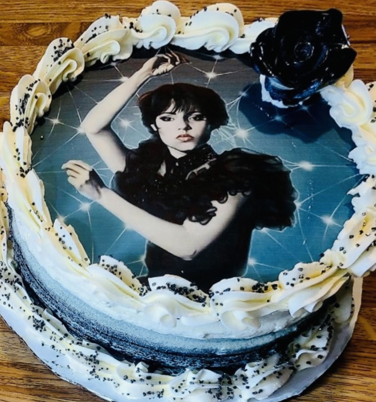 2 Layer Chocolate Wednesday Addams Cake with Buttercream Frosting and Edible Image