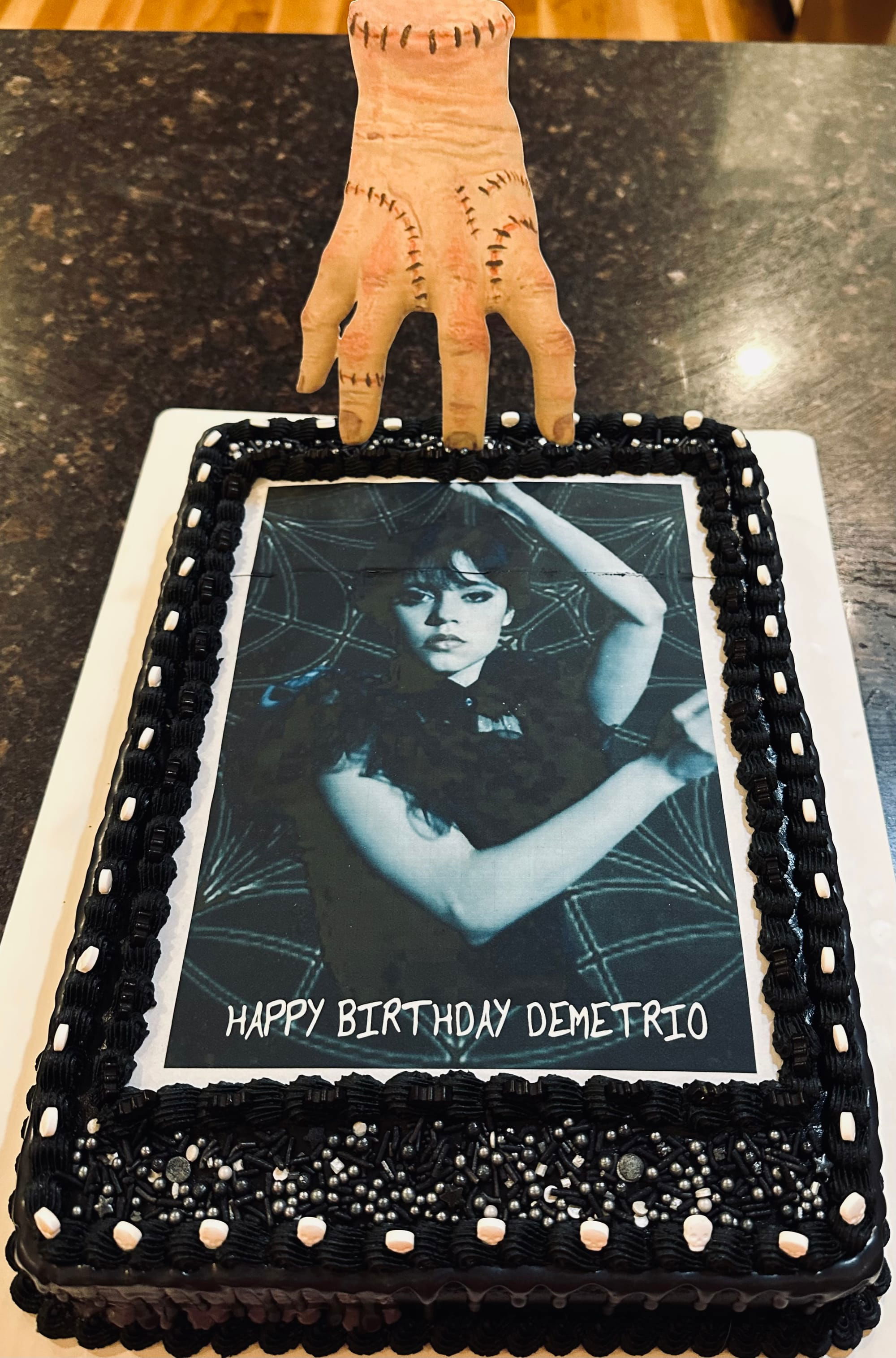 Wednesday Addams Chocolate Sheet Cake with Buttercream Frosting and Edible Image