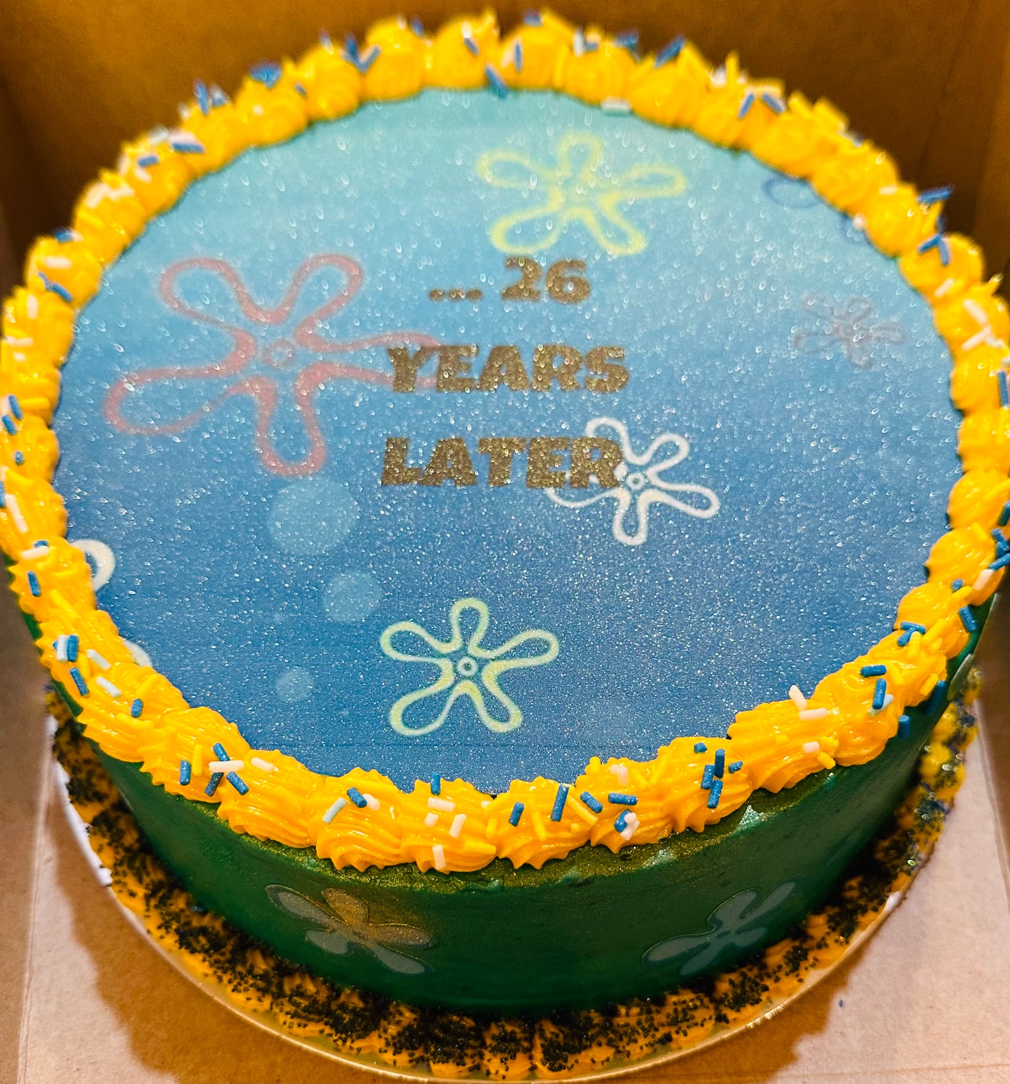 2 Layer Marble SpongeBob Birthday Cake with Buttercream Frosting and Edible Image