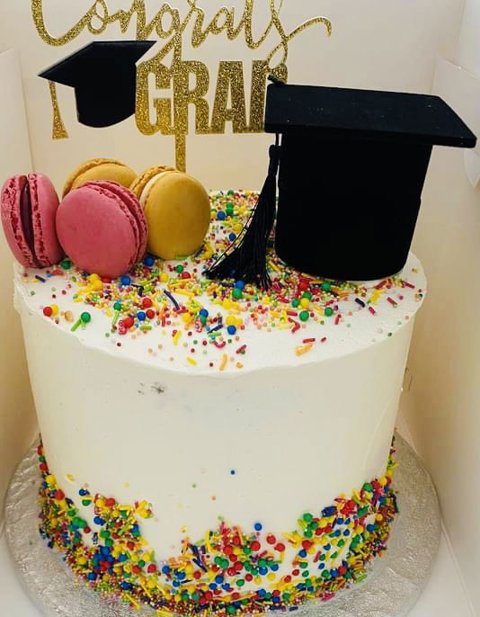 3 Layer Funfetti Graduation Cake with Buttercream Frosting, and Macarons