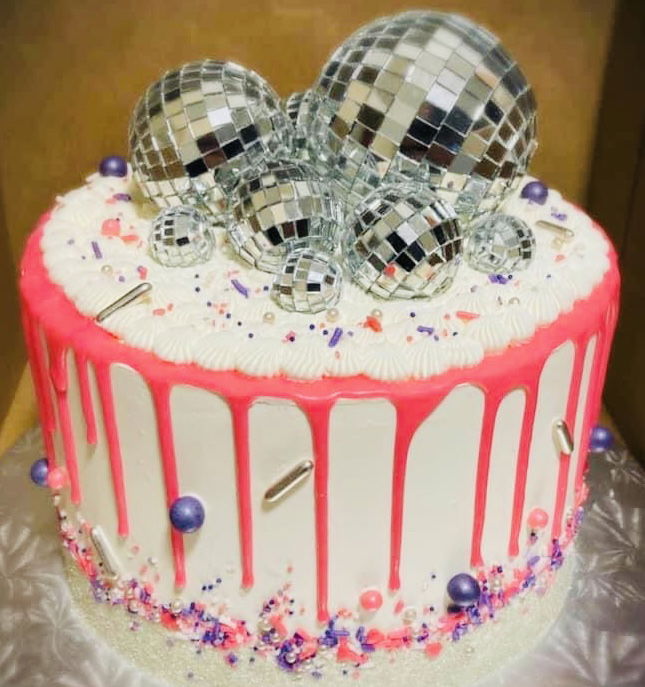 2 Layer Vanilla Disco Ball Cake with Buttercream Frosting