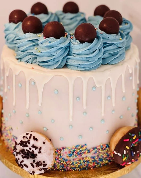 3 Layer Funfetti Doughnut Cake with Buttercream Frosting, Doughnuts, and Chocolate Candies