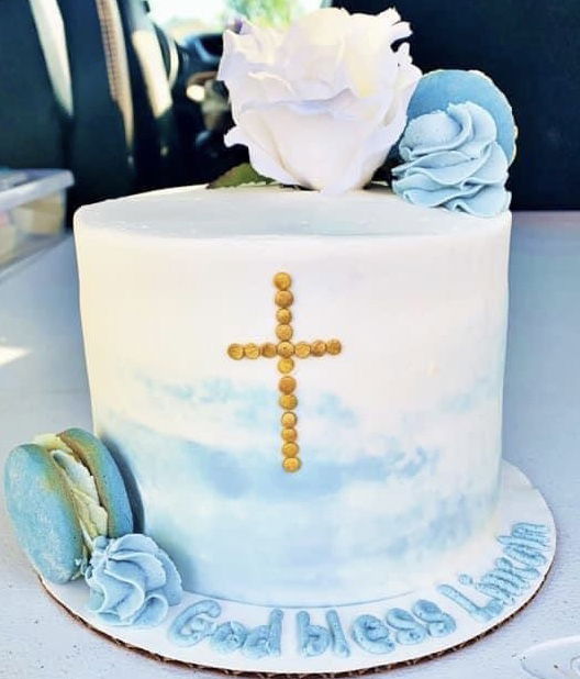 4 Layer Baptism Cake with Buttercream Frosting, and Macarons - Cabbit Cakes