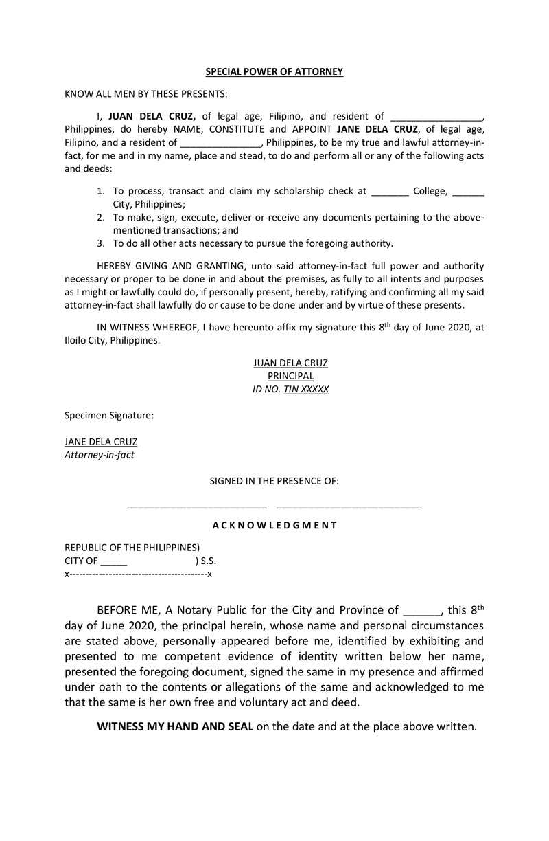 Special power of attorney sample template free download