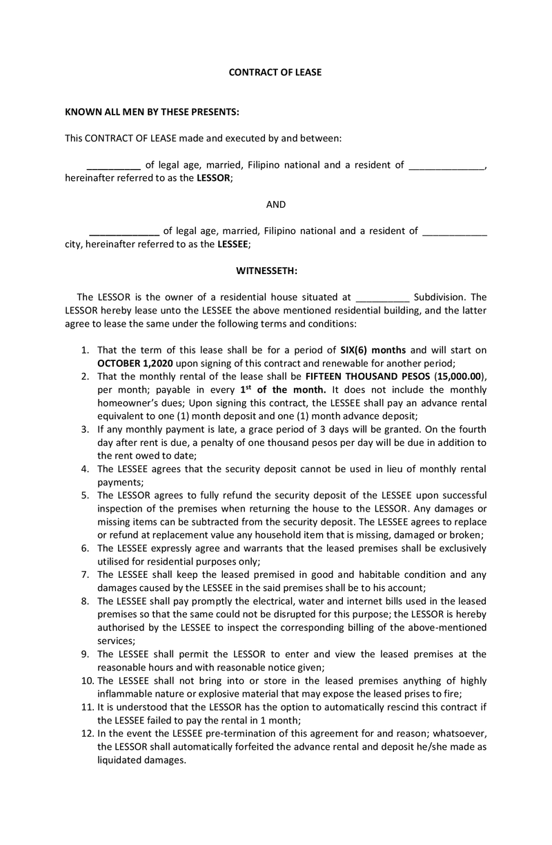 CONTRACT OF LEASE | SAMPLE TEMPLATE | FREE DOWNLOAD