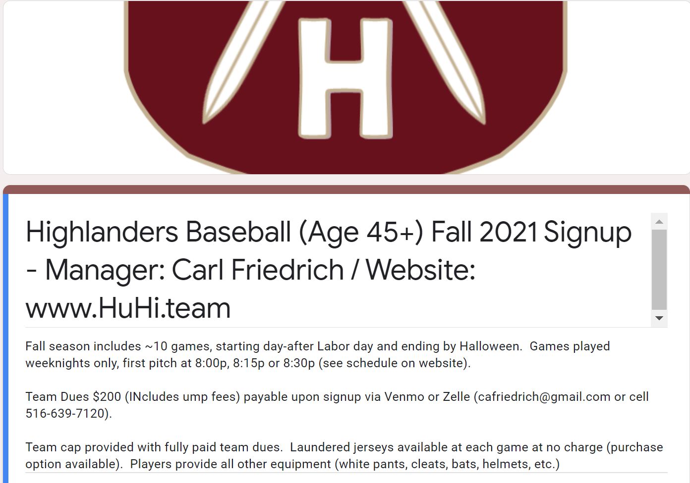Registration For Fall 2021 Open Huntington Highlanders