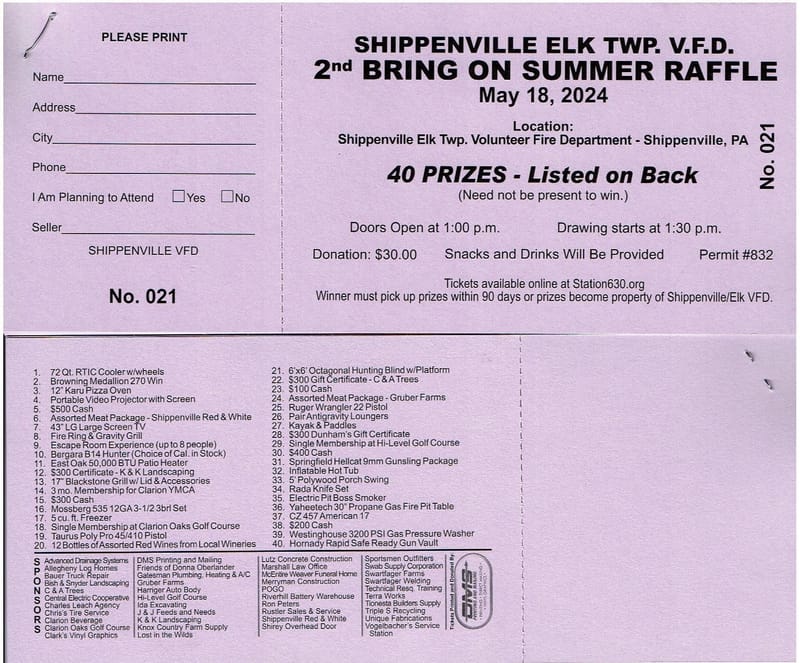 Bring On Summer Raffle Shippenville / Elk Volunteer Fire Department