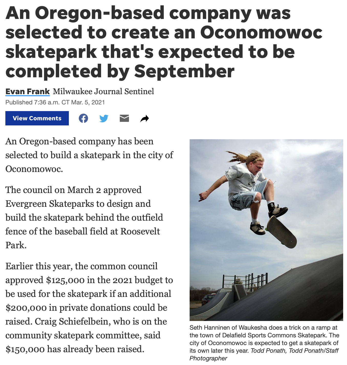 An Oregon-based company was selected to create an Oconomowoc skatepark that's expected to be completed by September