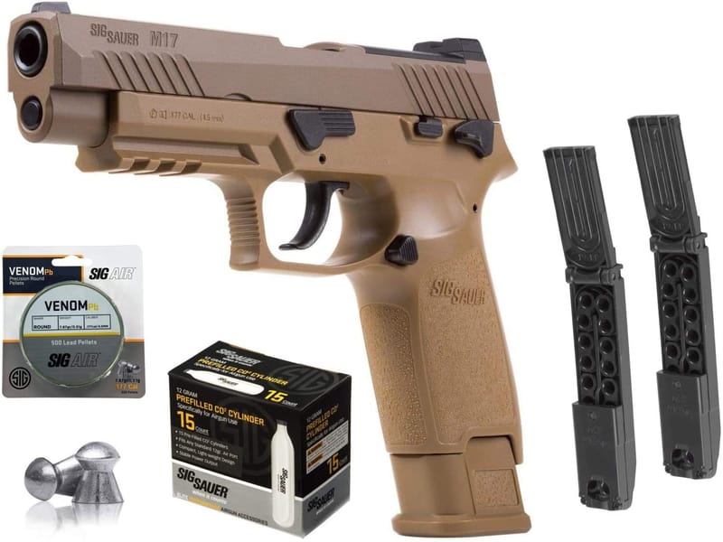 P320 Sig Sauer M17 ASP Airgun Pistol .177 Cal Coyote TAN with 15x12 gr C02 Tanks and 500 Match