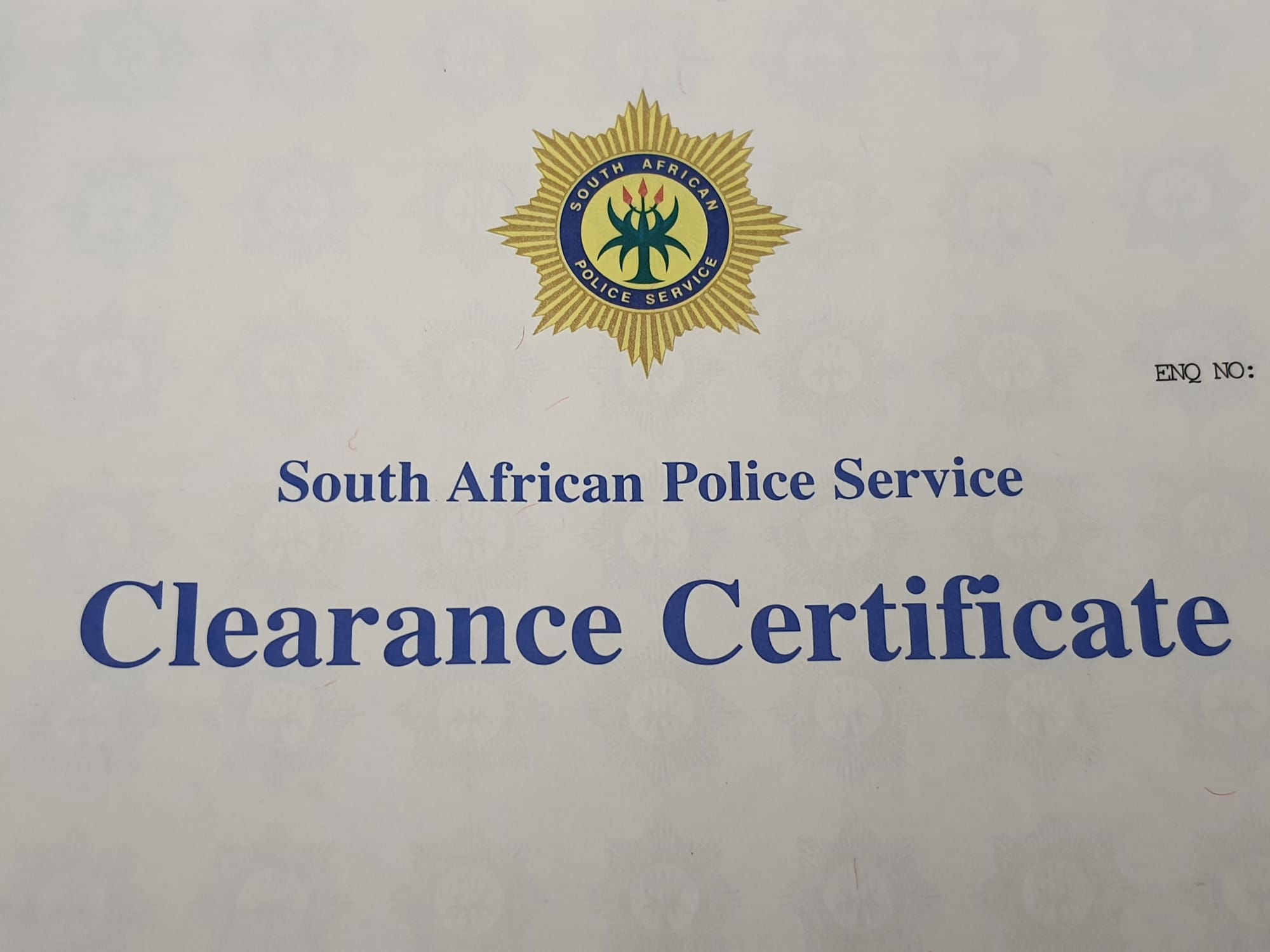 Police Clearance Certificate Service. Legalised for use outside South African borders.