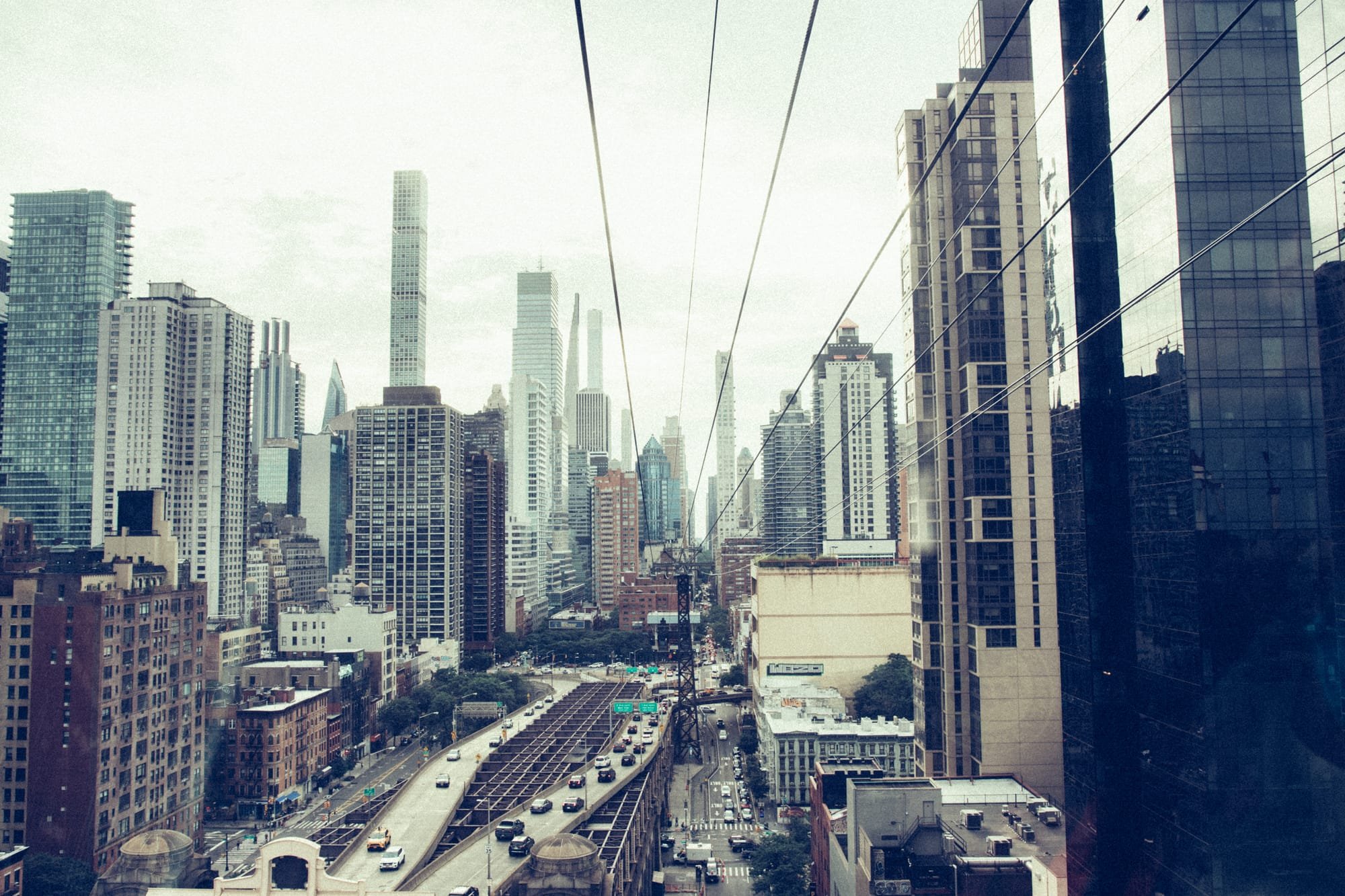 MANHATTAN NYC VIEW FROM ROOSEVELT ISLAND TRAMWAY | BLUE RETRO STYLE