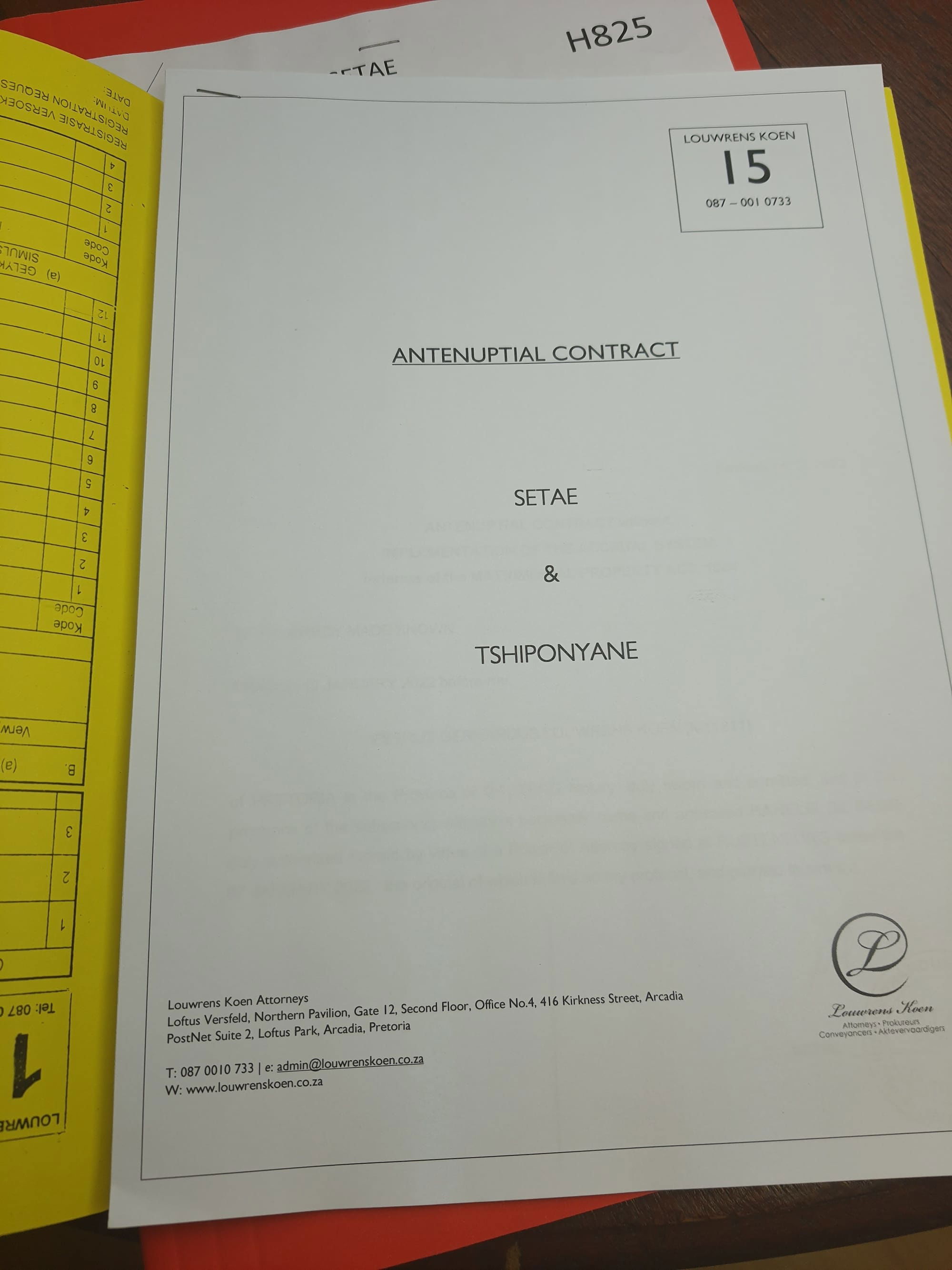 Cover Page Antenuptial Contract