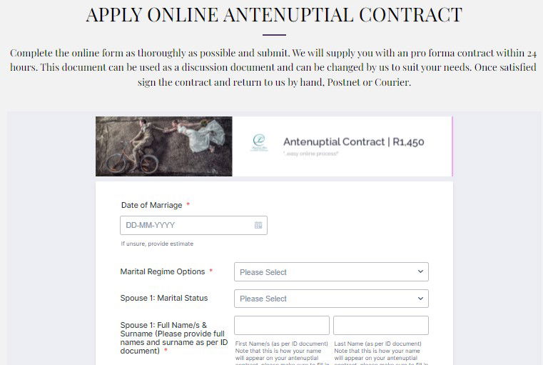 Antenuptial Contract Apply Online - R1450 all inclusive Fee