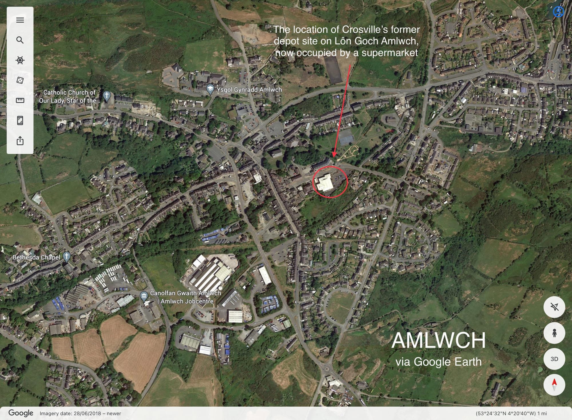 Crosville’s former Amlwch depot site via Google Earth
