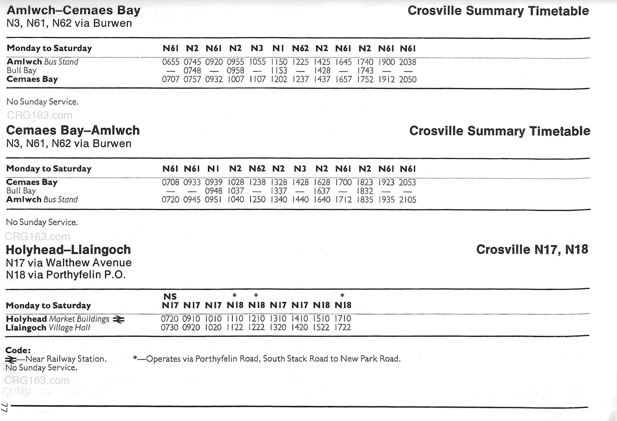 N1, N2, N3, N61, N62 bus timetables (Amlwch - Cemaes Bay summary) & N17/N18 (Holyhead - Llaingoch) June 1981