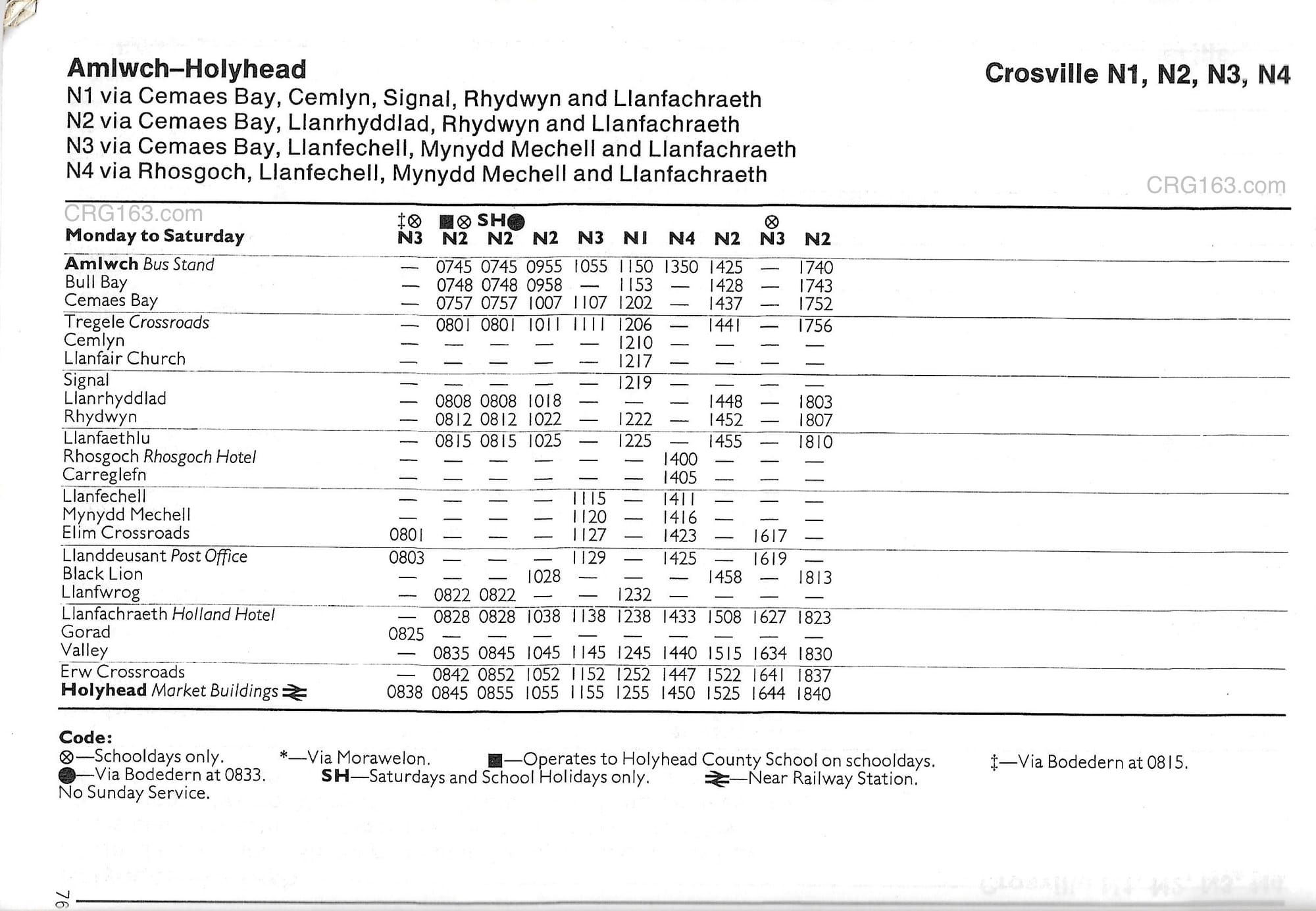 N1, N2, N3 and N4 bus timetables (Amlwch - Holyhead) June 1981
