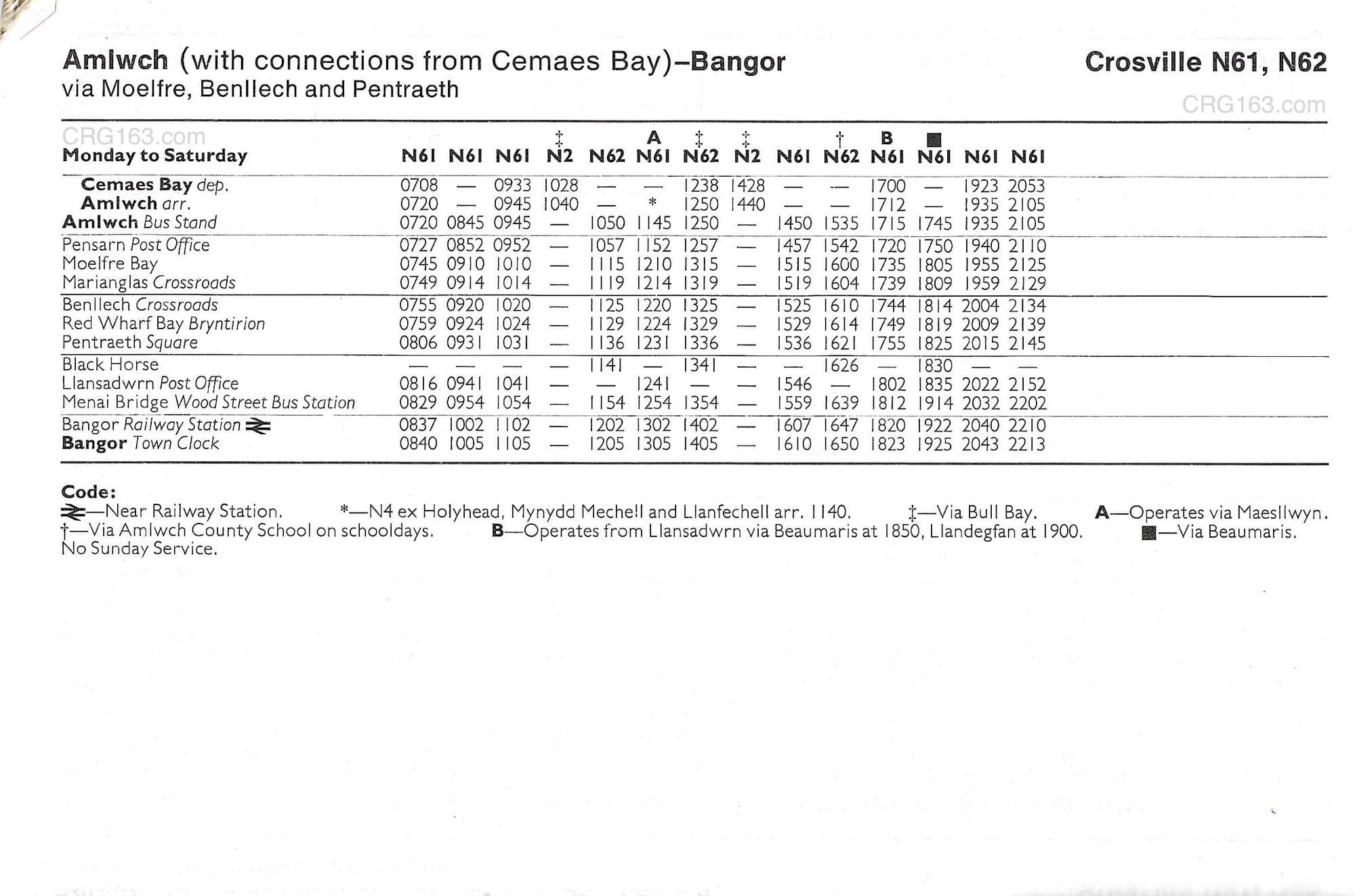 N61 & N62 bus timetables (Amlwch - Bangor) June 1981