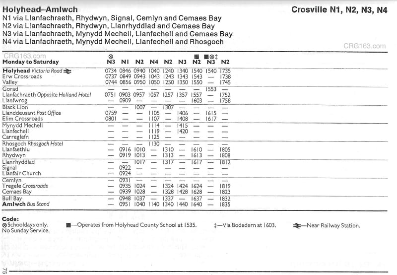 N1, N2, N3 and N4 bus timetables (Holyhead Amlwch) June 1981 CRG163