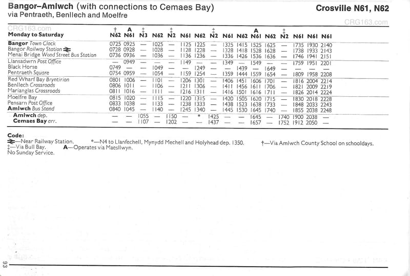 N61 &amp; N62 bus timetables (Bangor - Amlwch) June 1981 - CRG163