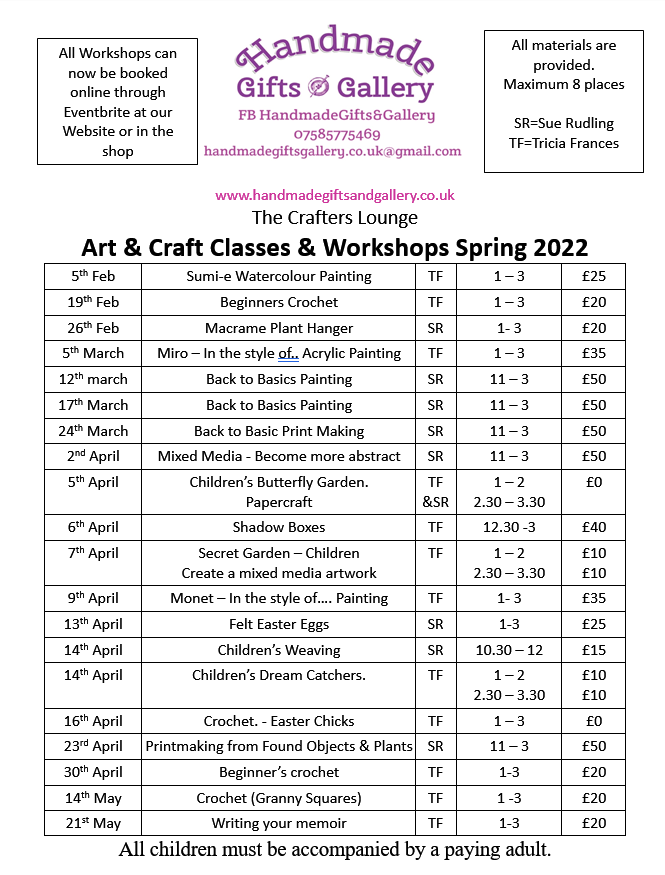 Spring Workshops 5th March - 30th April  2022