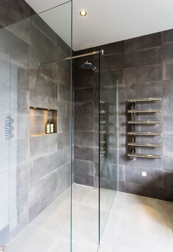 Bespoke shower screen with LED lit niche / recess in this Wandsworth master en-suite bathroom