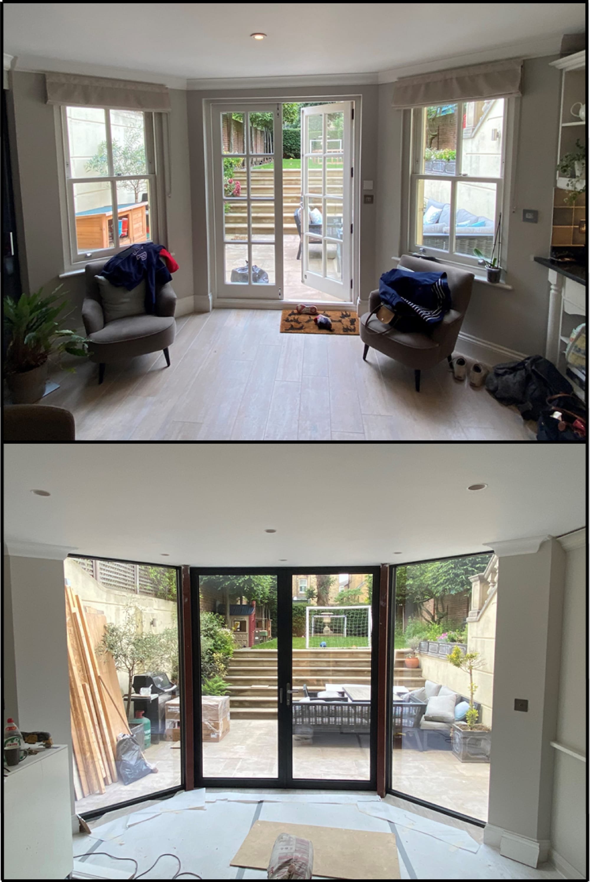 Before & After  - removal of French doors & sash windows, replaced by full height slim line aluminium glazing & doors.