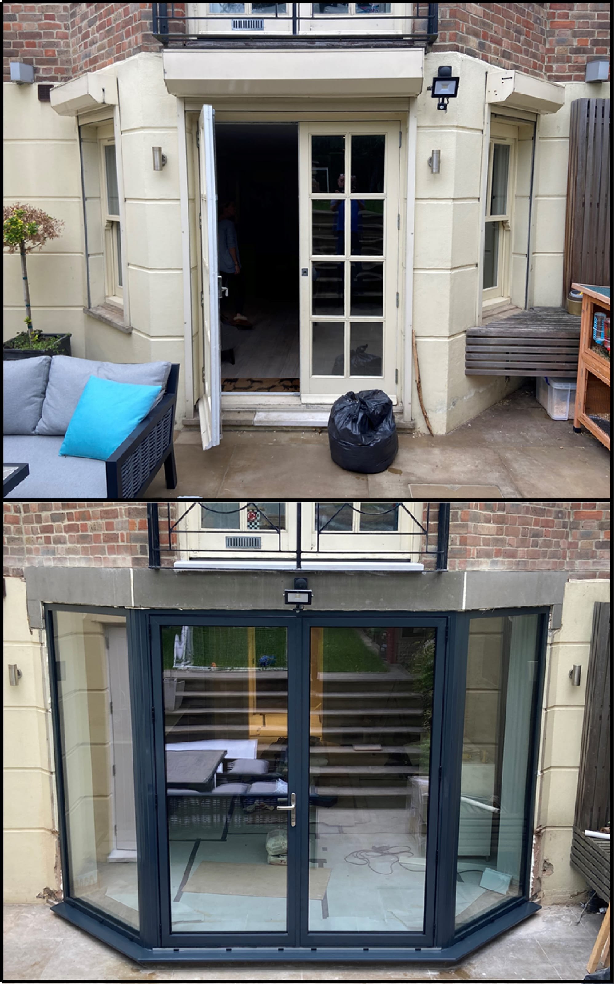 Before & After  - removal of French doors & sash windows, replaced by full height slim line aluminium glazing & doors.