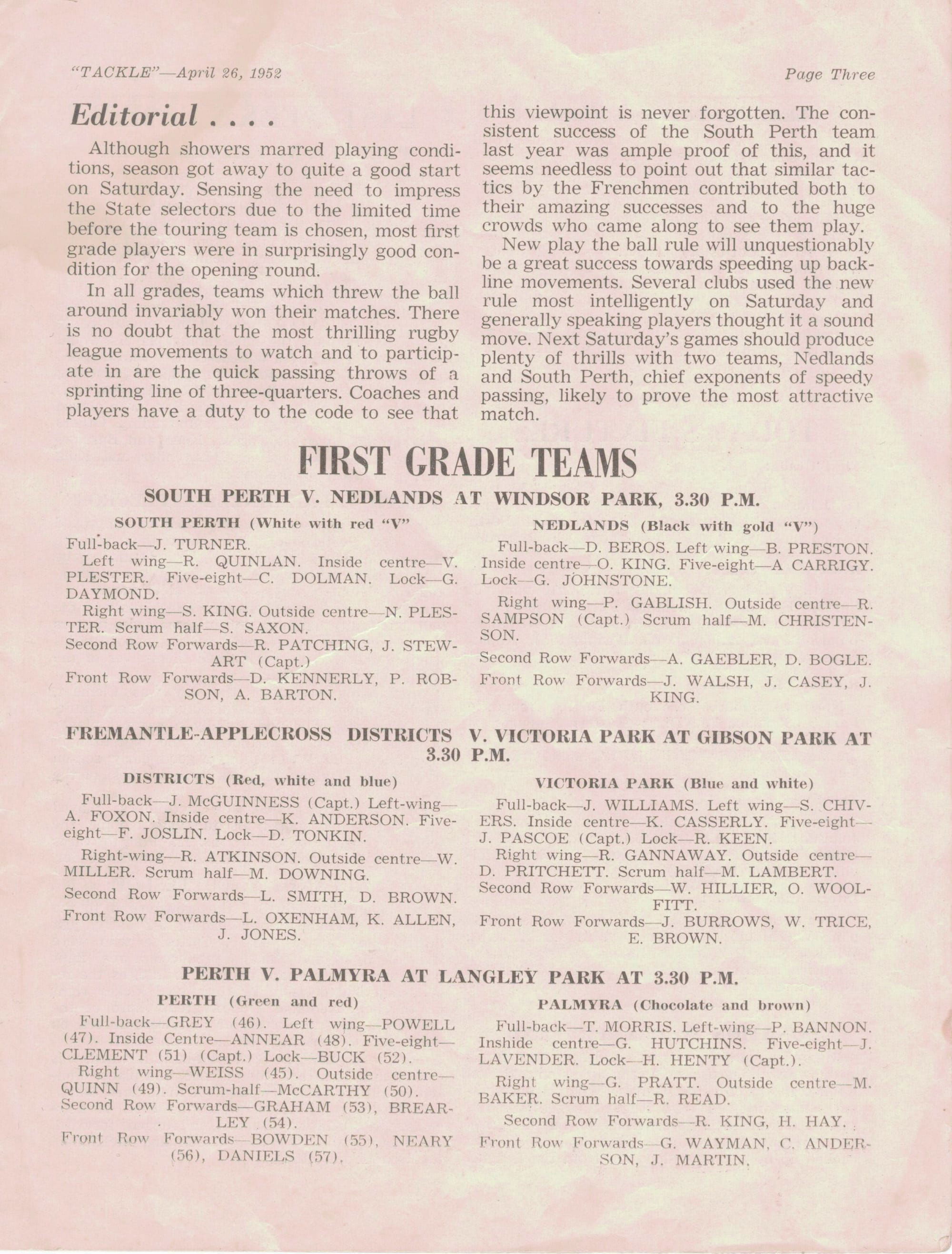 1953 Programme Team List