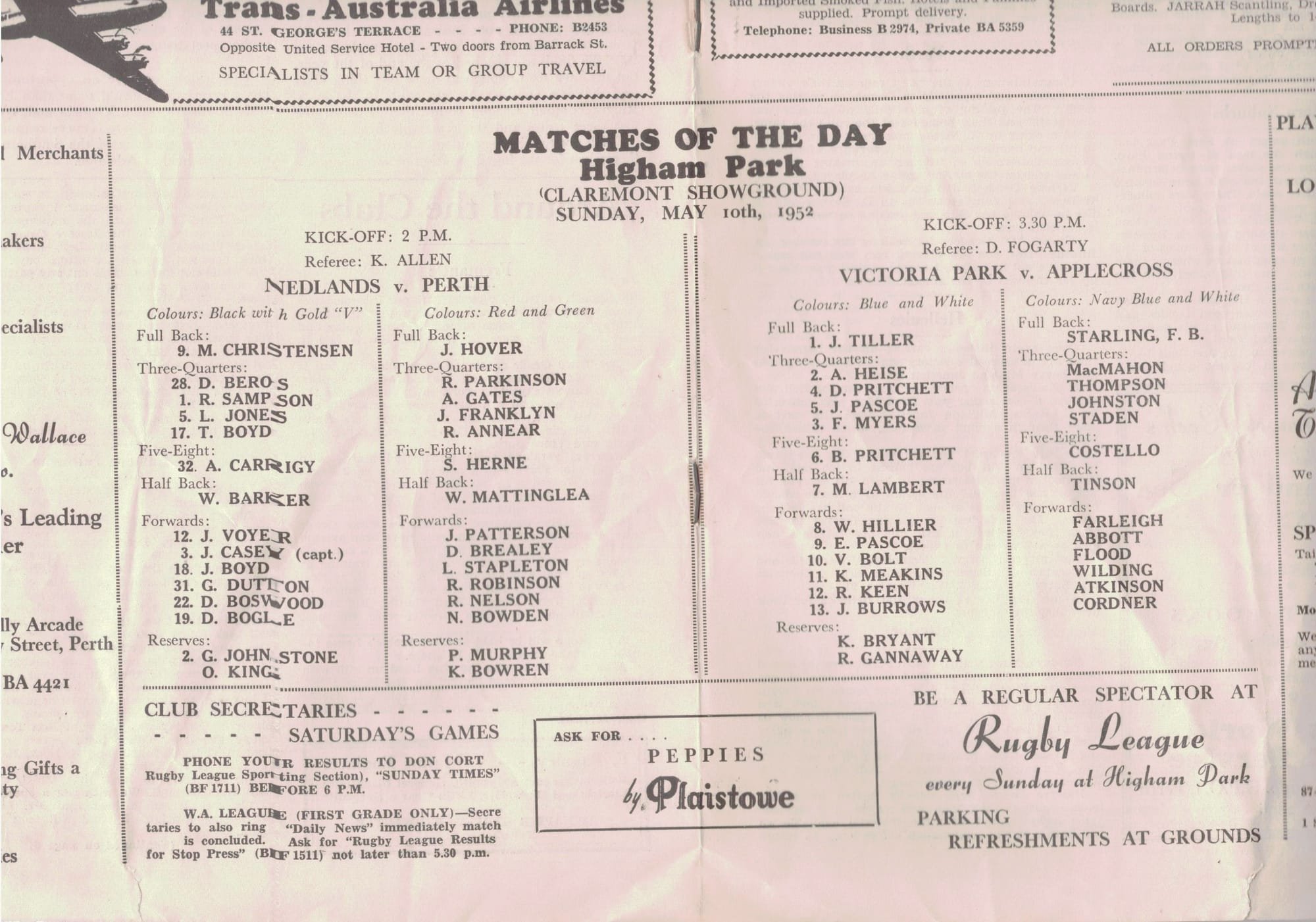 1952 Programme Team List